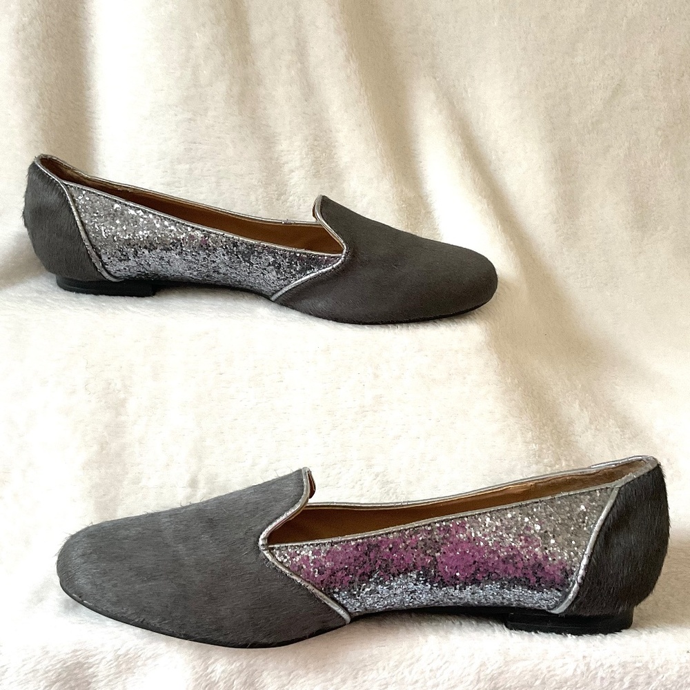 Gray IMAN Slip On Calf Hair Glittery Loafer Flats - Picture 3 of 14